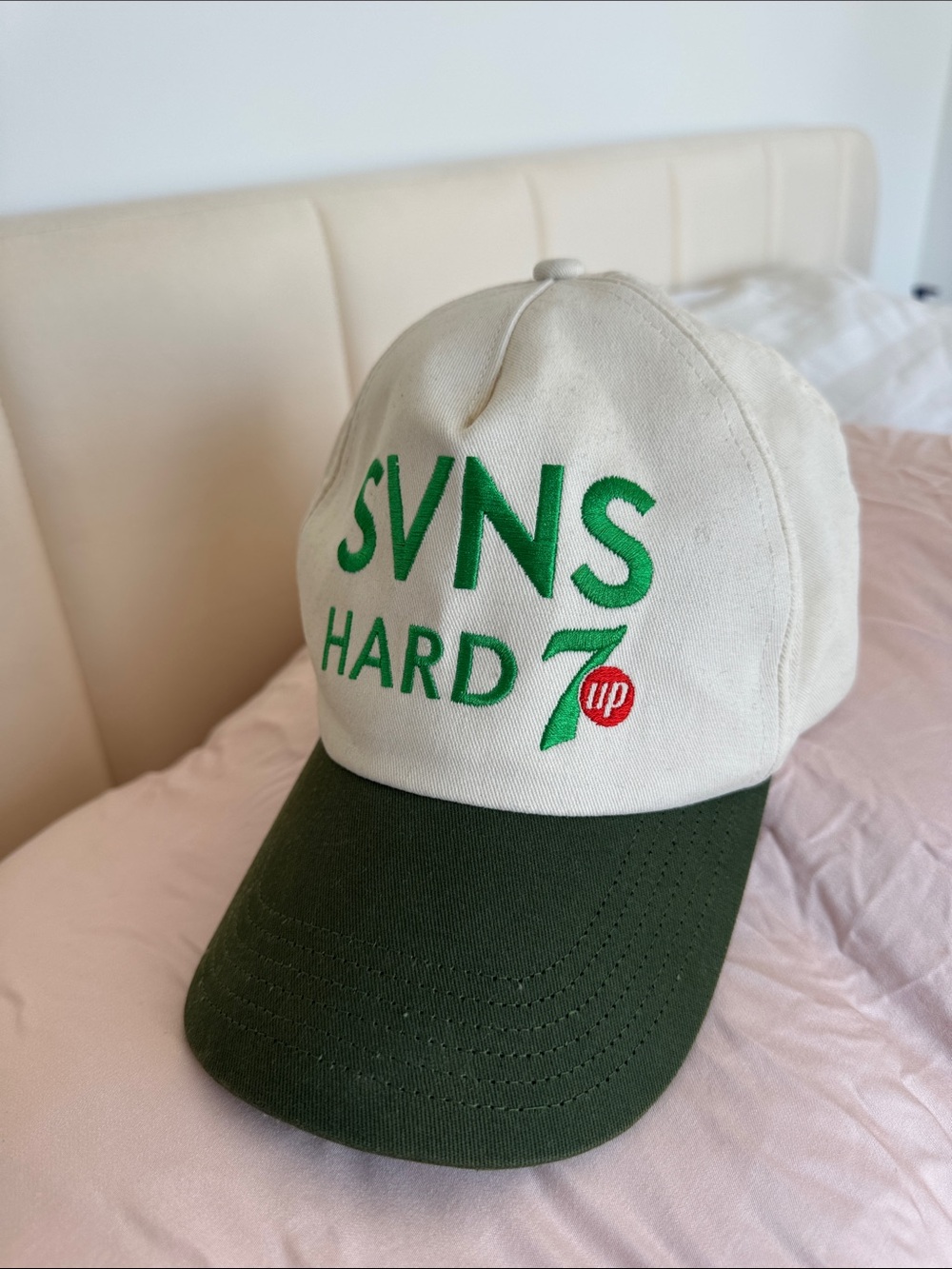 Exclusive SVNS Hard 7up Embroidered Baseball Cap in Cream & Dark Green